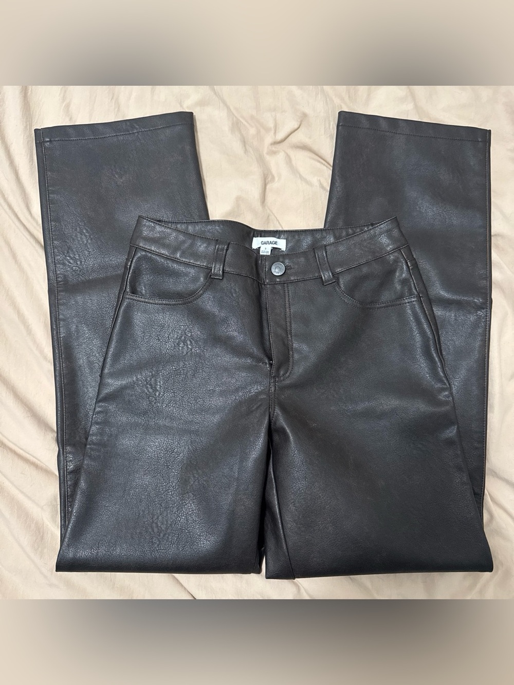 Garage Faux Leather Straight Leg Pants - Dark Brown